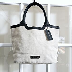 NWT Rachel Zoe Linen Blend Handbag Tote Purse Natural Woven Vegan Leather Trim
